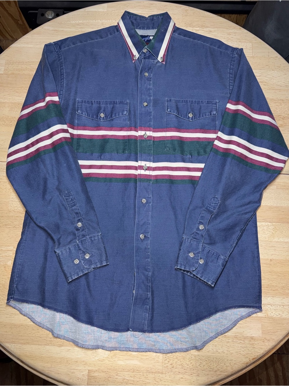 Vintage Wrangler 80s Denim Stripe Brushpopper Made In USA Western Shirt Large